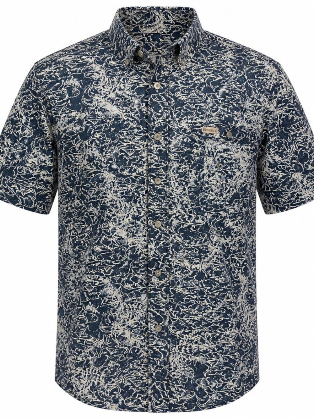 Outdoor Life Navy Fish Print Button Down Shirt Men's Large Cotton Short Sleeve